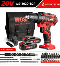 WOSAI New 20V Cordless Drill Electric Screwdriver Mini Wireless Power Driver DC Lithium-Ion Battery 3/8-Inch 2 Speed Power Tools