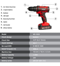 WOSAI New 20V Cordless Drill Electric Screwdriver Mini Wireless Power Driver DC Lithium-Ion Battery 3/8-Inch 2 Speed Power Tools